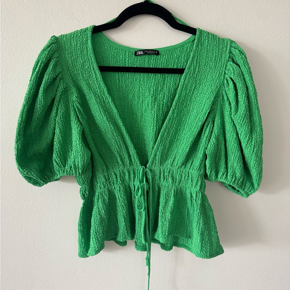ZARA Bright Green Puff-Sleeve Tie-Front Blouse